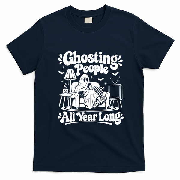 Ghosting People All Year Long Funny Halloween T-Shirt - Navy Blue