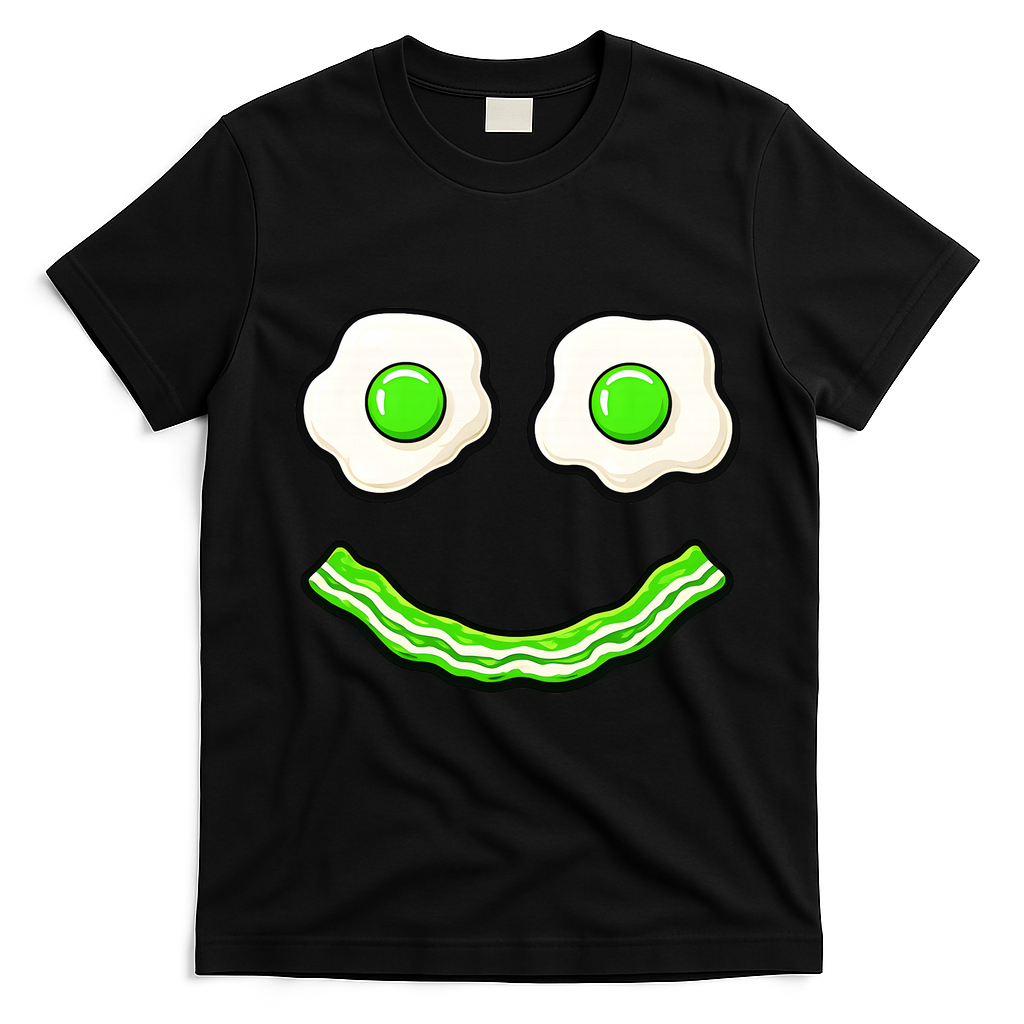 Green Smile Face Eggs And Bacon Ham Breakfast T-Shirt - Black