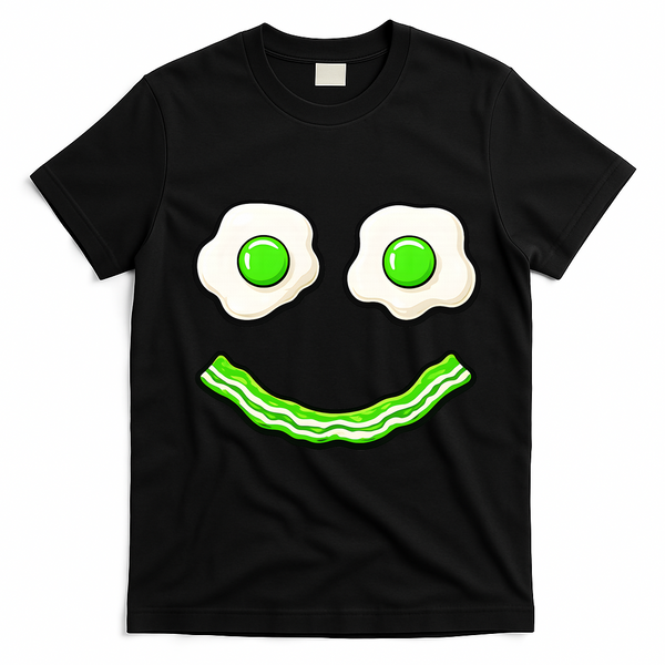 Green Smile Face Eggs And Bacon Ham Breakfast T-Shirt - Black