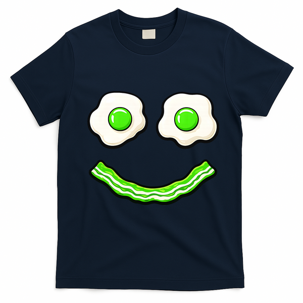 Green Smile Face Eggs And Bacon Ham Breakfast T-Shirt - Navy Blue