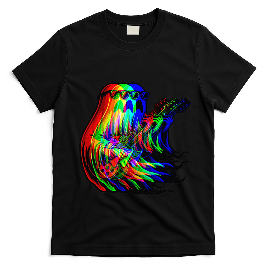 Ghost Trippy Vaporwave Electric Guitar Halloween Rock Music T-Shirt - Black