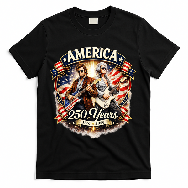 George Washington Abe Lincoln Playing Guitar 250 Years 1776-2026 T-Shirt - Black