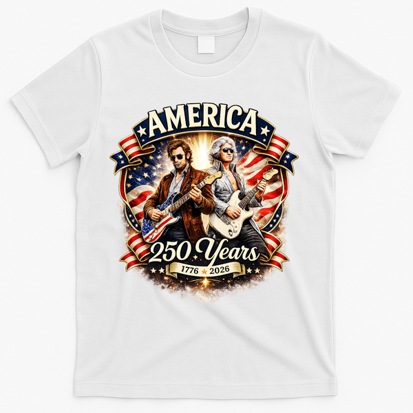 George Washington Abe Lincoln Playing Guitar 250 Years 1776-2026 T-Shirt - White