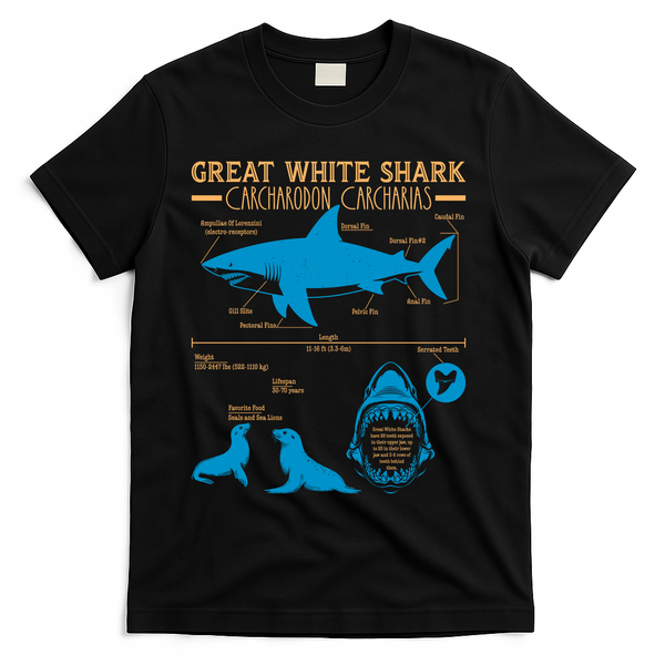 Great White Shark Carcharodon Carcharias Infographic T-Shirt - Black