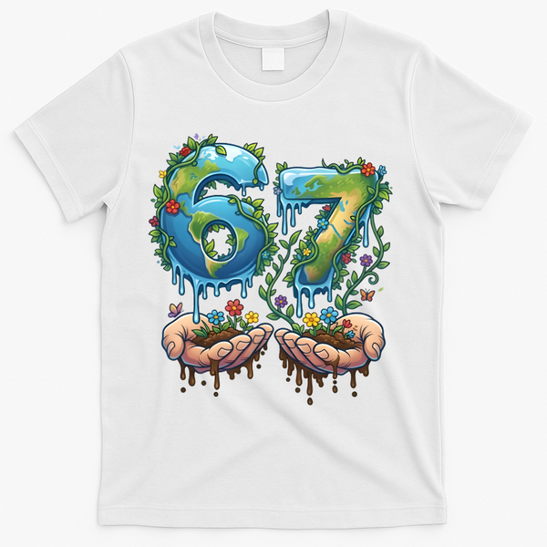 Hand 67 Earth Day 6 7 Six Seven Meme T-Shirt - White