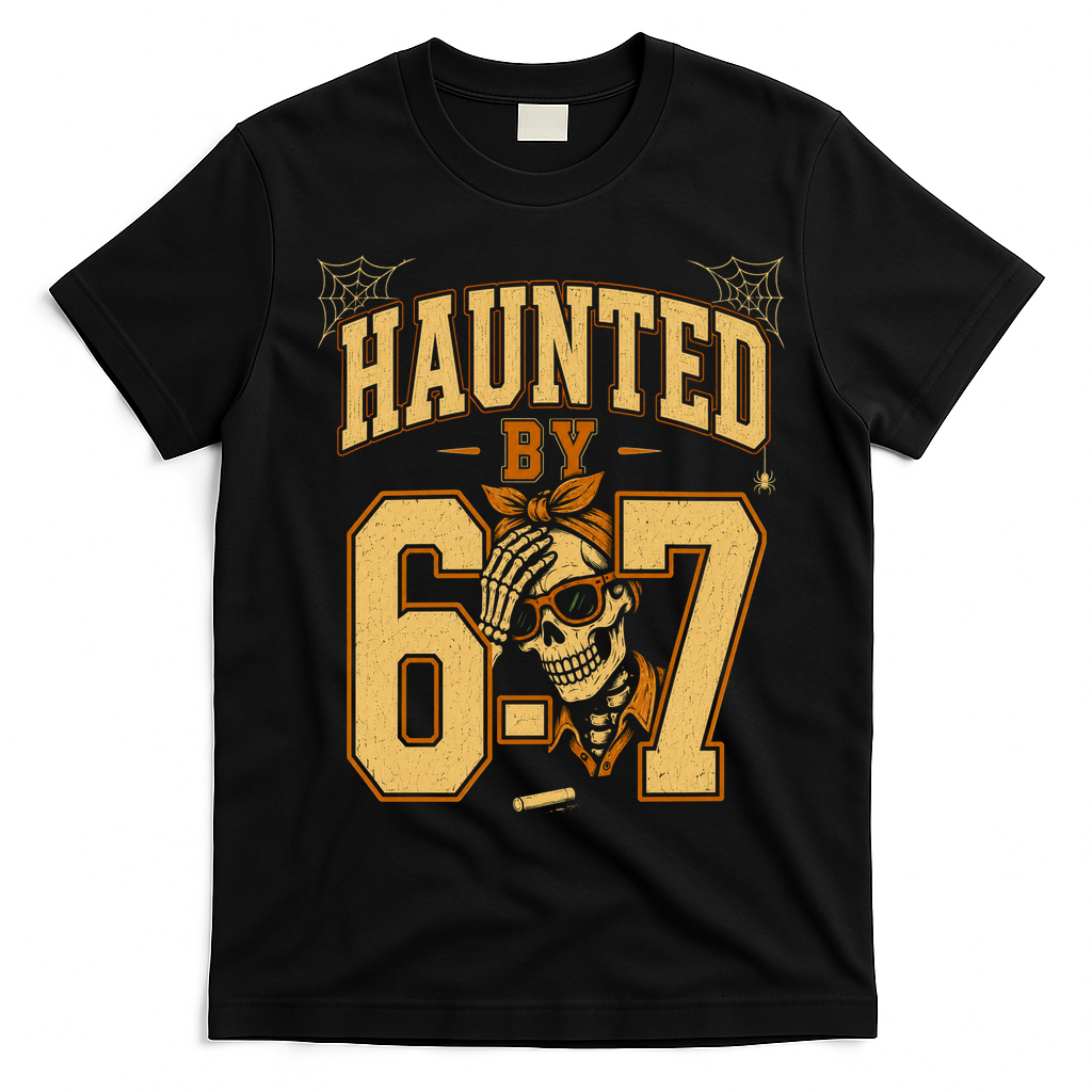 Haunted By 6-7 Skeleton Funny Halloween 67 Meme T-Shirt - Black