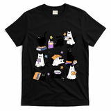 Halloween Bookish Cute Ghost Black Cat Reading Books Spooky Gift T-Shirt - Black