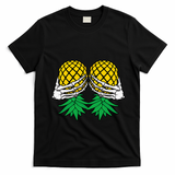 Halloween Boob Upside Down Pineapple Swinger Skeleton Hand T-Shirt - Black