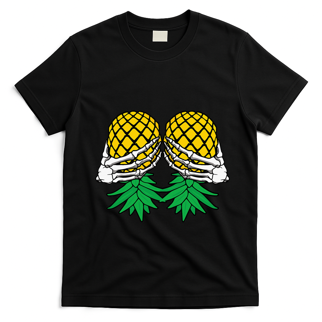 Halloween Boob Upside Down Pineapple Swinger Skeleton Hand T-Shirt - Black