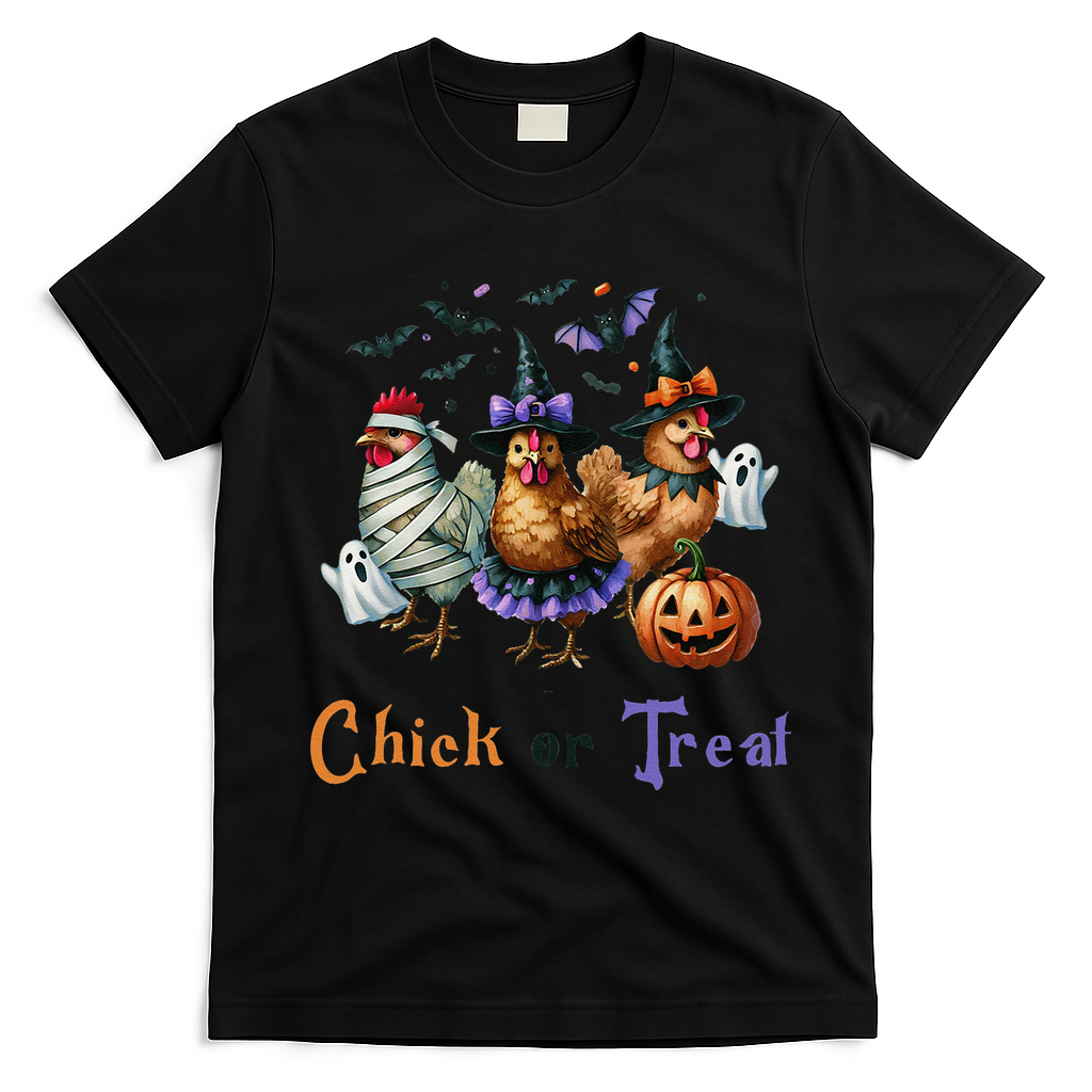 Halloween Chick Or Treat Pumpkins Chickens Farmer Funny T-Shirt - Black