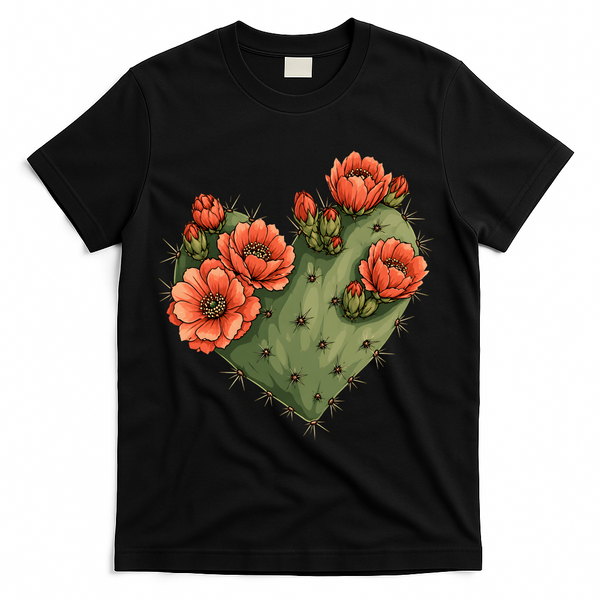 Heart Cactus Red Flower T-Shirt - Black