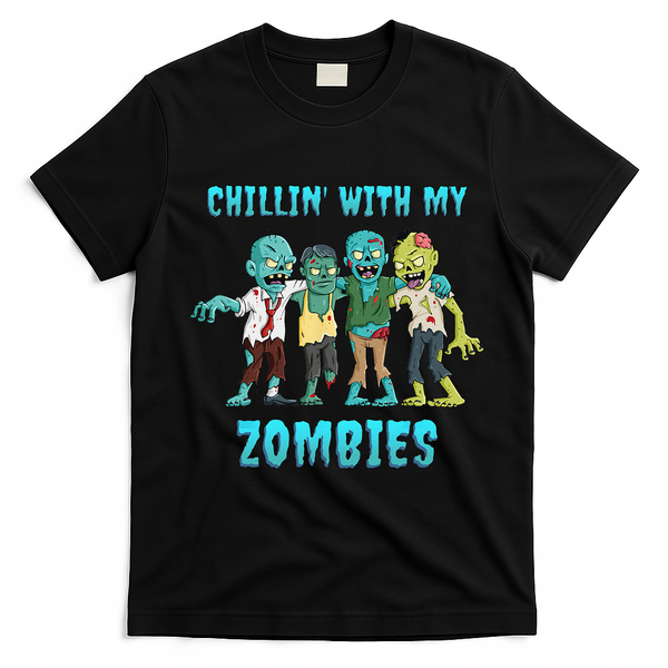 Halloween Chillin With My Zombies Funny T-Shirt - Black