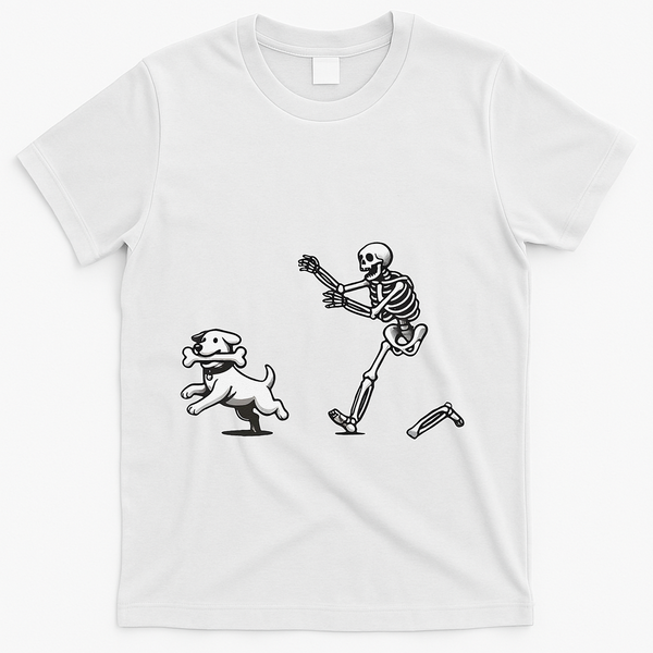Halloween Dog Funny Skeleton Skeleton Chasing Dog Gift T-Shirt - White