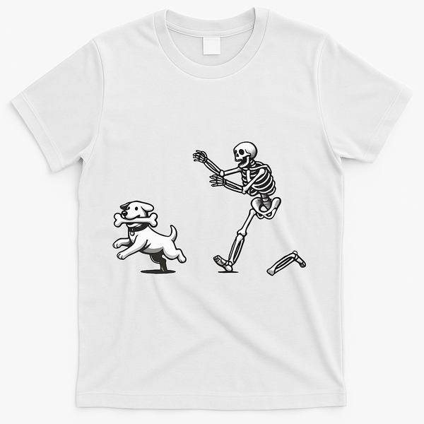 Halloween Dog Funny Skeleton Skeleton Chasing Dog T-Shirt - White