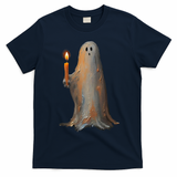Halloween Ghost Holding Candle Spooky T-Shirt - Navy Blue