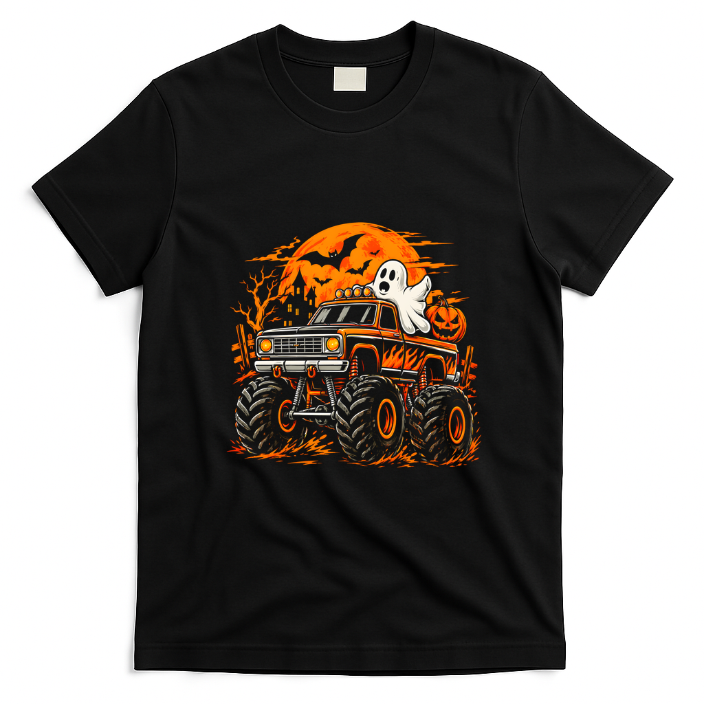 Halloween Ghost Monster Truck Pumpkin And Bats T-Shirt - Black