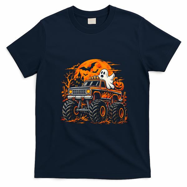 Halloween Ghost Monster Truck Pumpkin And Bats T-Shirt - Navy Blue
