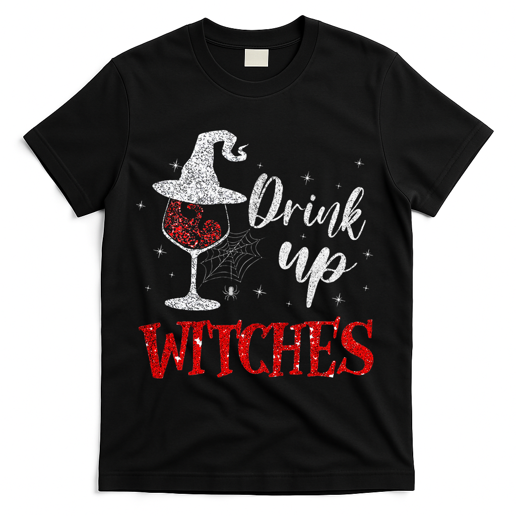 Halloween Glass Of Wine Drink Up Witche T-Shirt - Black