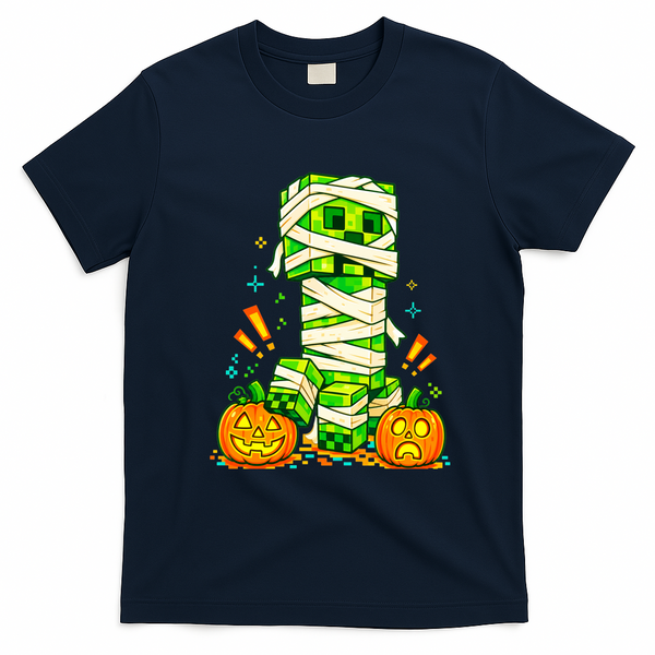Halloween Gamer Pixel Monster Mummy Costume T-Shirt - Navy Blue
