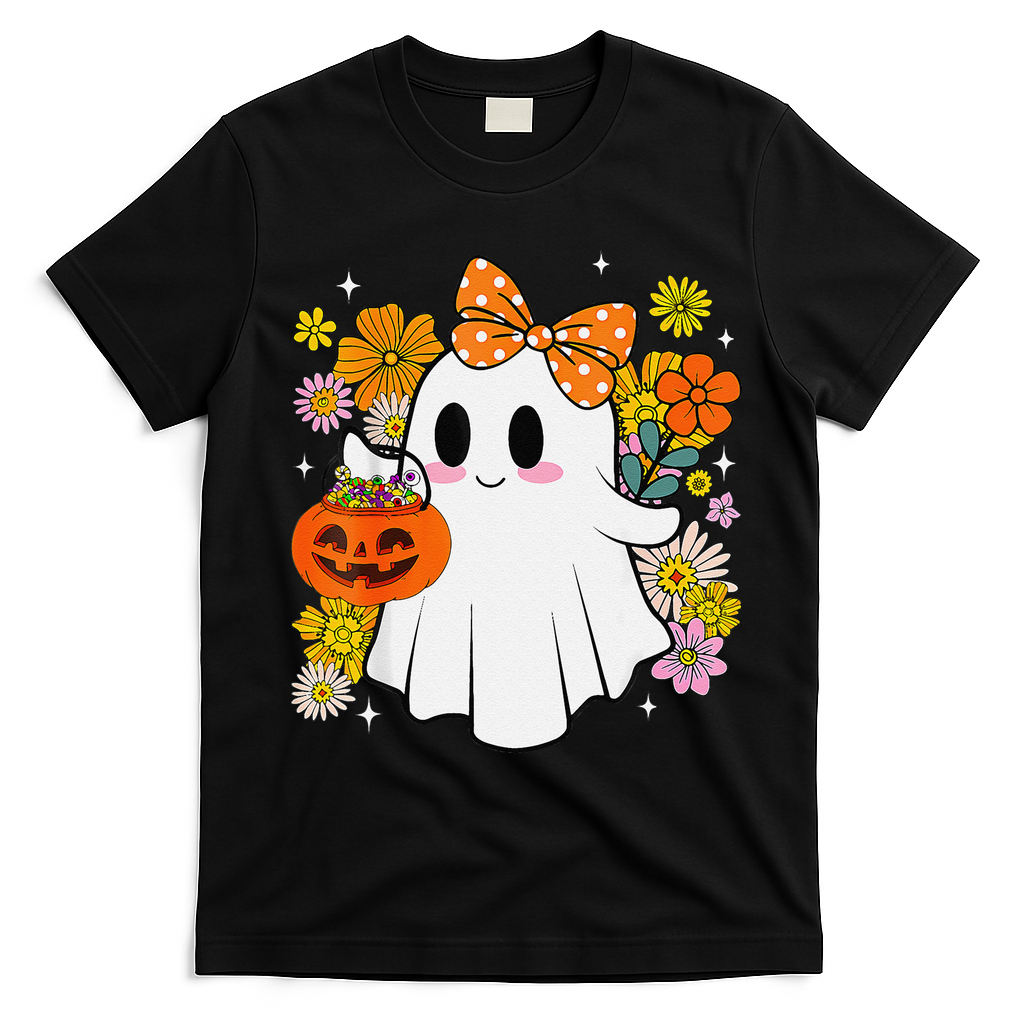 Halloween Groovy Trick Or Treat Cute Ghost Floral Women Girl T-Shirt - Black
