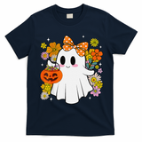 Halloween Groovy Trick Or Treat Cute Ghost Floral Women Girl T-Shirt - Navy Blue