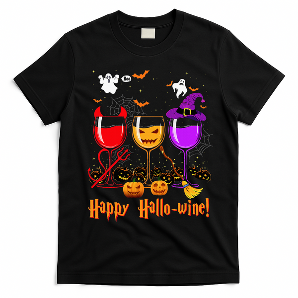 Happy Hallowine Drinking Scary Ghost Boo Pumpkin Halloween T-Shirt - Black