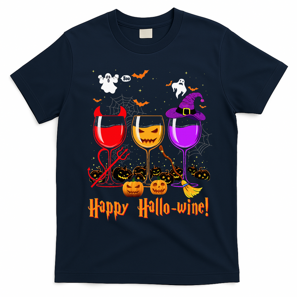 Happy Hallowine Drinking Scary Ghost Boo Pumpkin Halloween T-Shirt - Navy Blue