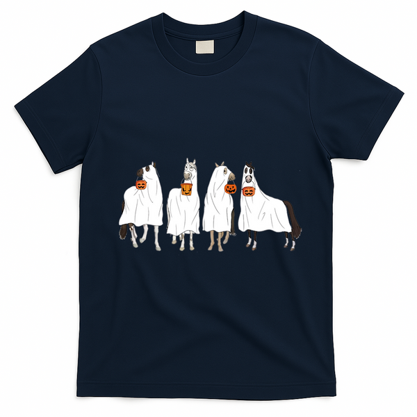 Halloween Horse Ghost Boo Cowboy Western Spooky Season T-Shirt - Navy Blue