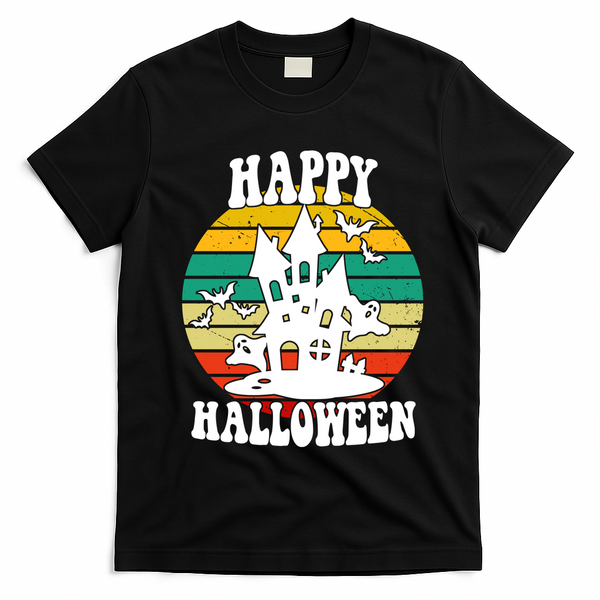 Happy Halloween Hunted House Vintage T-Shirt - Black