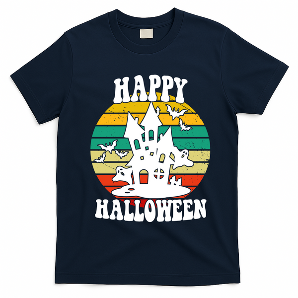 Happy Halloween Hunted House Vintage T-Shirt - Navy Blue