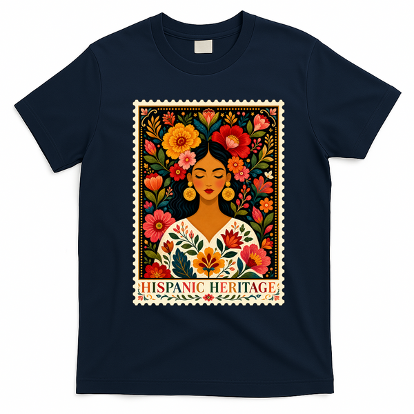 Hispanic Heritage Month Flowers Stamp Latin American T-Shirt - Navy Blue