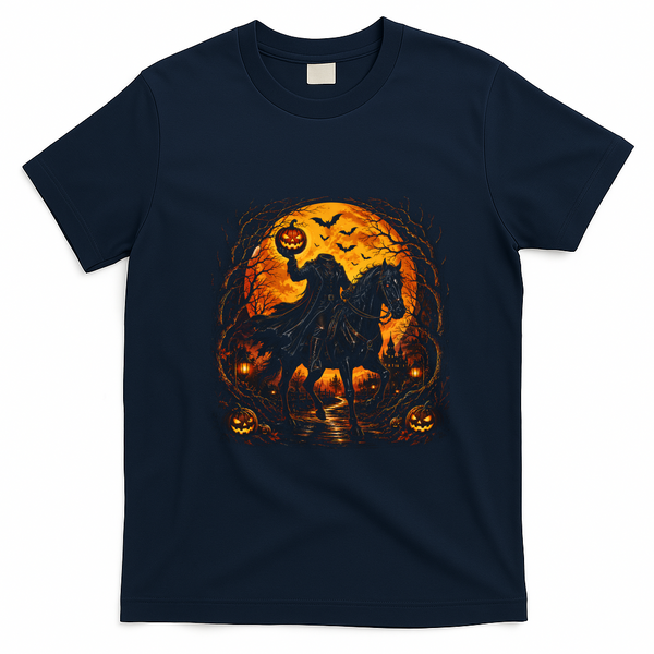 Headless Horseman Riding Pumpkin Halloween T-Shirt - Navy Blue