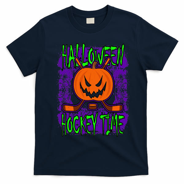 Halloween Hockey Time With Spooky Pumpkin And Hockey Sticks T-Shirt - Navy Blue