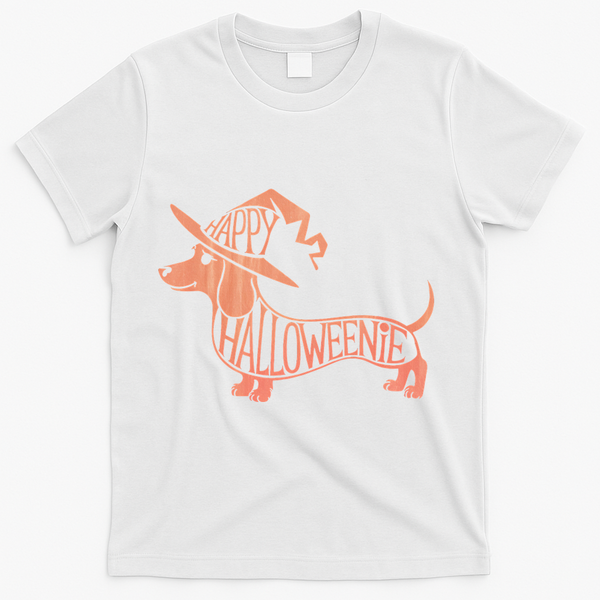 Happy Halloweenie Weiner Dog Cute Dachshund Witch Hat T-Shirt - White
