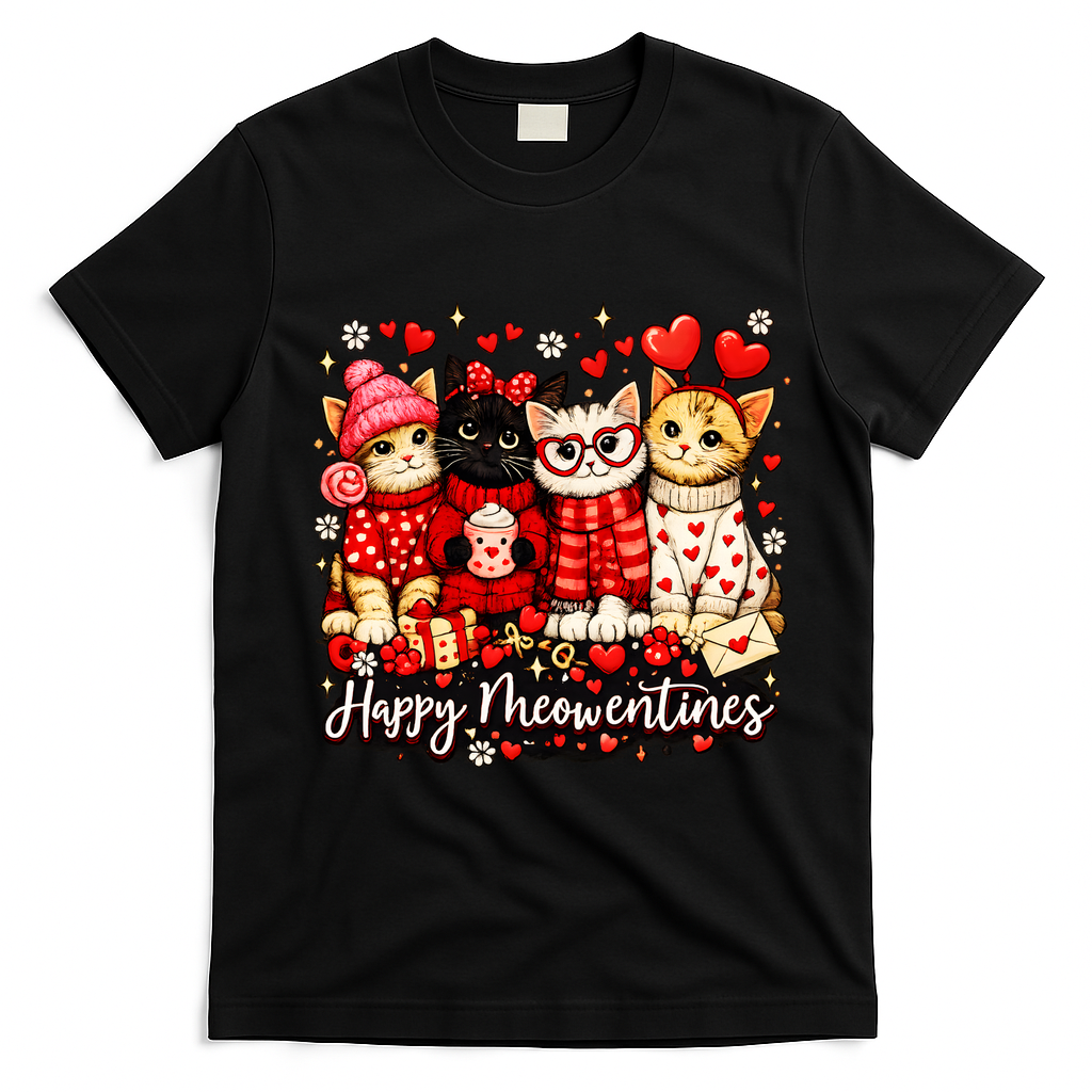 Happy Meowentines Cute Valentine Cat Lovers T-Shirt - Black