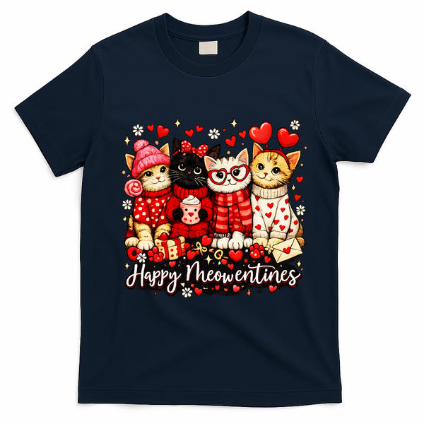 Happy Meowentines Cute Valentine Cat Lovers T-Shirt - Navy Blue