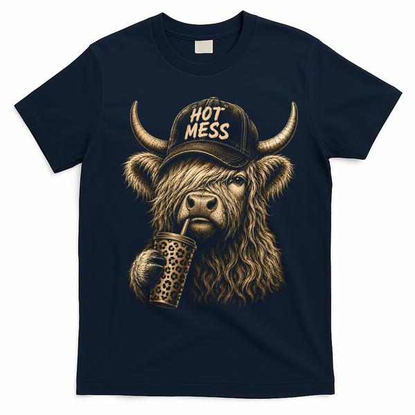 Hot Mess Highland Cow Funny T-Shirt - Navy Blue