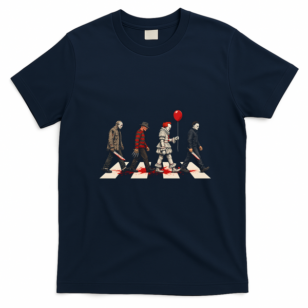 Horror Movie Monsters Crossing The Road T-Shirt - Navy Blue
