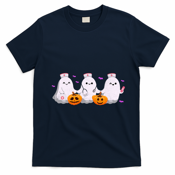 Halloween Nurse Ghosts Boo Crew T-Shirt - Navy Blue