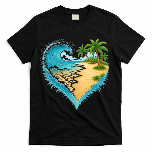 Heart-Shaped Ocean Beach Palm Tree Vacation T-Shirt - Black