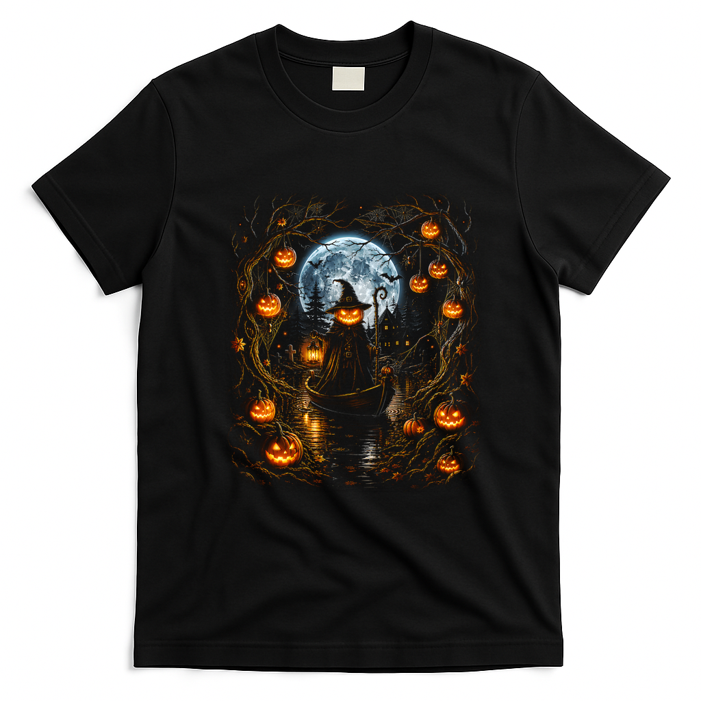 Halloween Pumpkin Jack O Lantern Witch Moonlit T-Shirt - Black