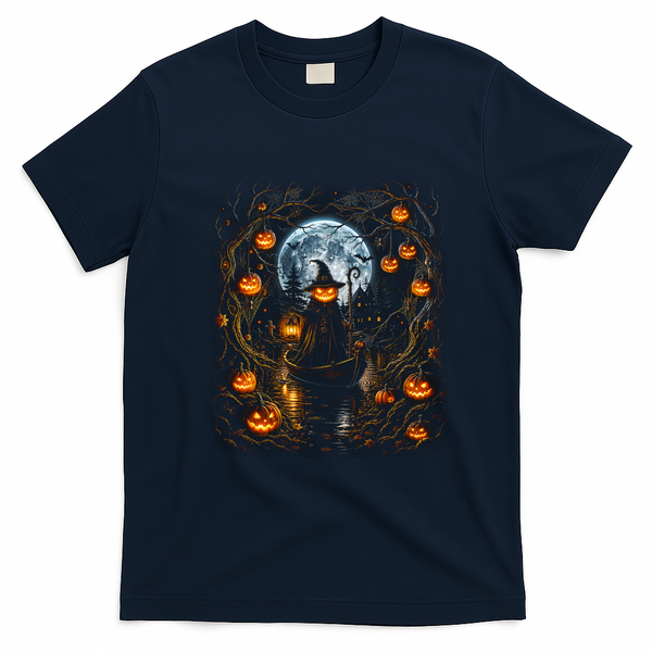 Halloween Pumpkin Jack O Lantern Witch Moonlit T-Shirt - Navy Blue