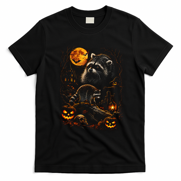Halloween Raccoon And Pumpkins Moonlight Scene T-Shirt - Black