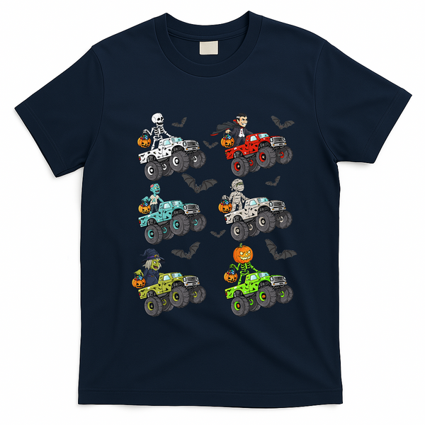 Halloween Skeleton Zombie Riding Monster Truck Vampire T-Shirt - Navy Blue