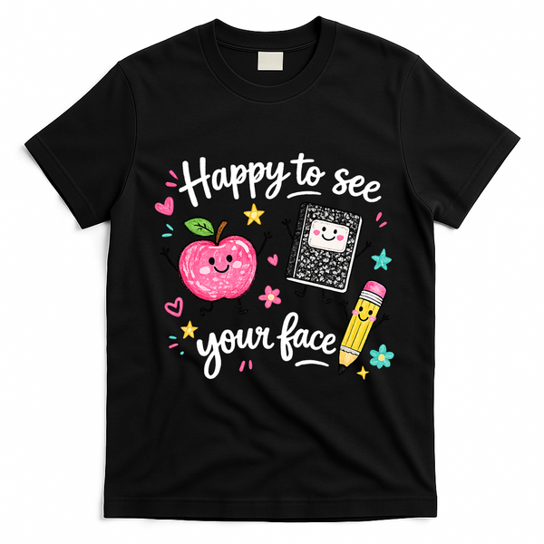 Happy To See Your Face Teacher School T-Shirt - Black