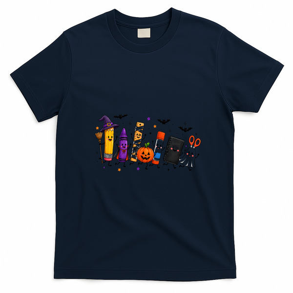 Halloween Teacher Spooky School Supplies Cute Ghost Classroom Back To School T-Shirt - Navy Blue
