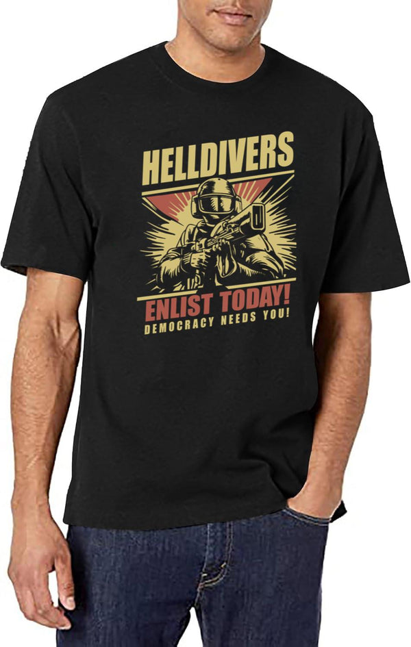 Helldivers 2 Enlistment Tee - Join The Fight for Democracy,Exclusive Sci-Fi Soldier Black T-Shirt - White