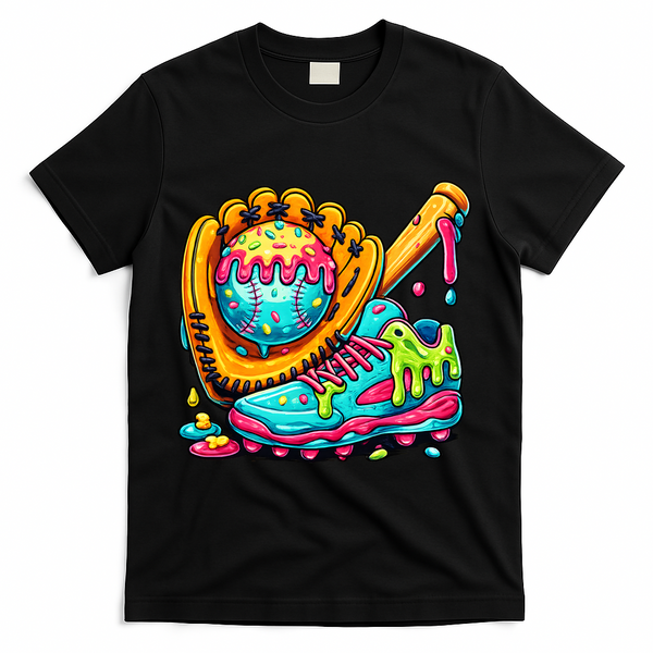 Ice Cream Drip Baseball Stuff T-Shirt - Black