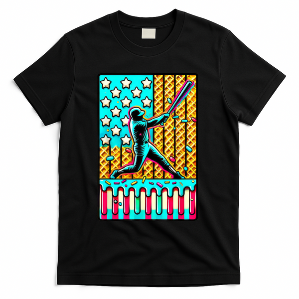 Ice Cream Drip Baseball Stuff Drip For American Flag T-Shirt - Black