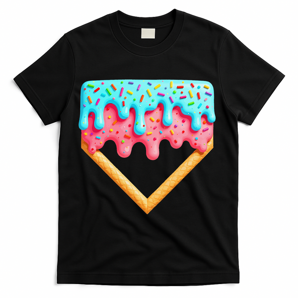 Ice Cream Drip Baseball Stuff Baseball Home Plate Dripping T-Shirt - Black